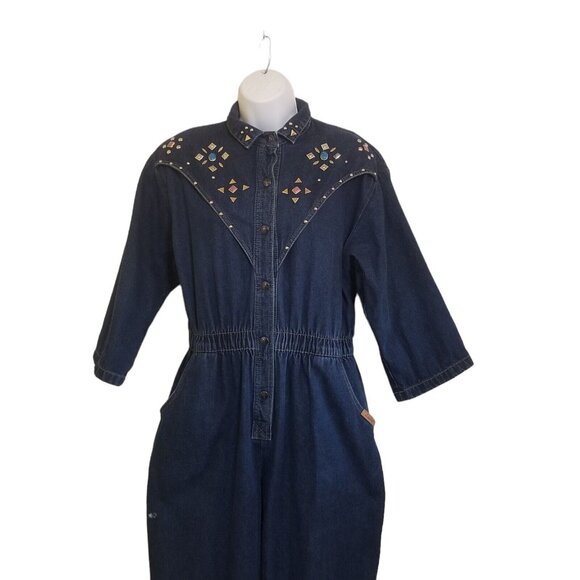 Dreams Vintage Women's Jumpsuit Size L Denim Studded Snap Elastic Playsuit Rompe - Picture 2 of 16